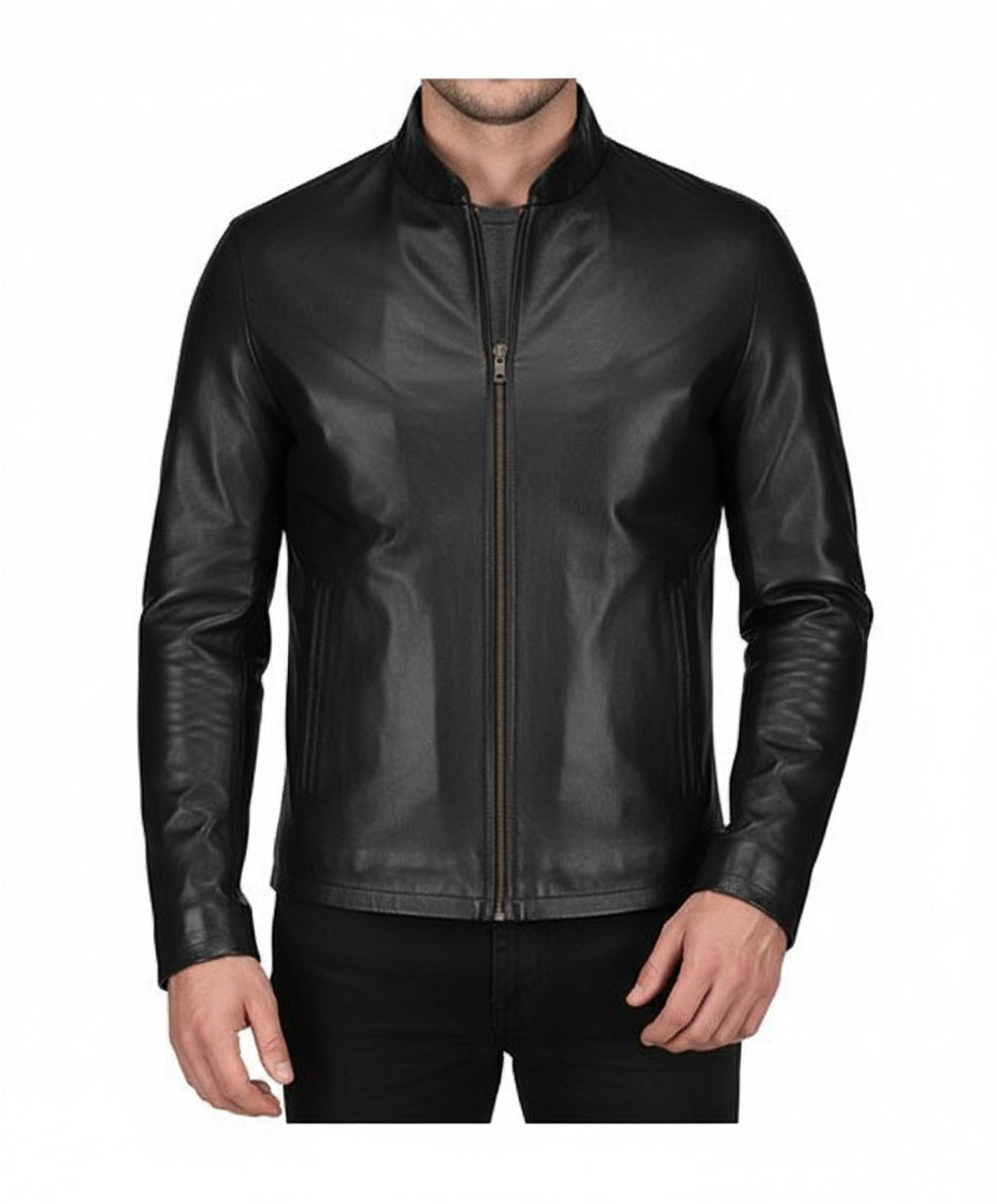 model-front-closed - Men black sheep leather Jacket, Men motorcycle jacket, Biker jacket for men