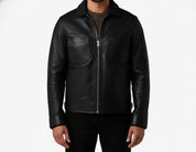 model-front-closed - Men black sheep leather Jacket, Men motorcycle jacket, biker jacket for men