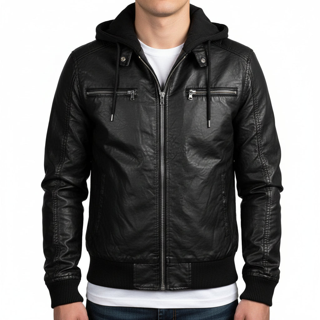 model-front-closed - Men Black Slim Fit Fabric Hooded Jacket, Leather Hooded Jacket, Hoodies