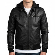 model-front-closed - Men Black Slim Fit Fabric Hooded Jacket, Leather Hooded Jacket, Hoodies
