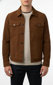 model-front-closed - Men brown suede trucker jacket, Men trucker suede shirt collared jacket