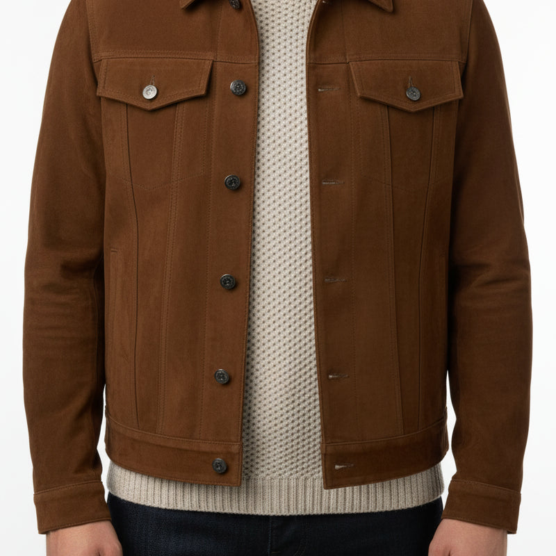 model-front-closed - Men brown suede trucker jacket, Men trucker suede shirt collared jacket