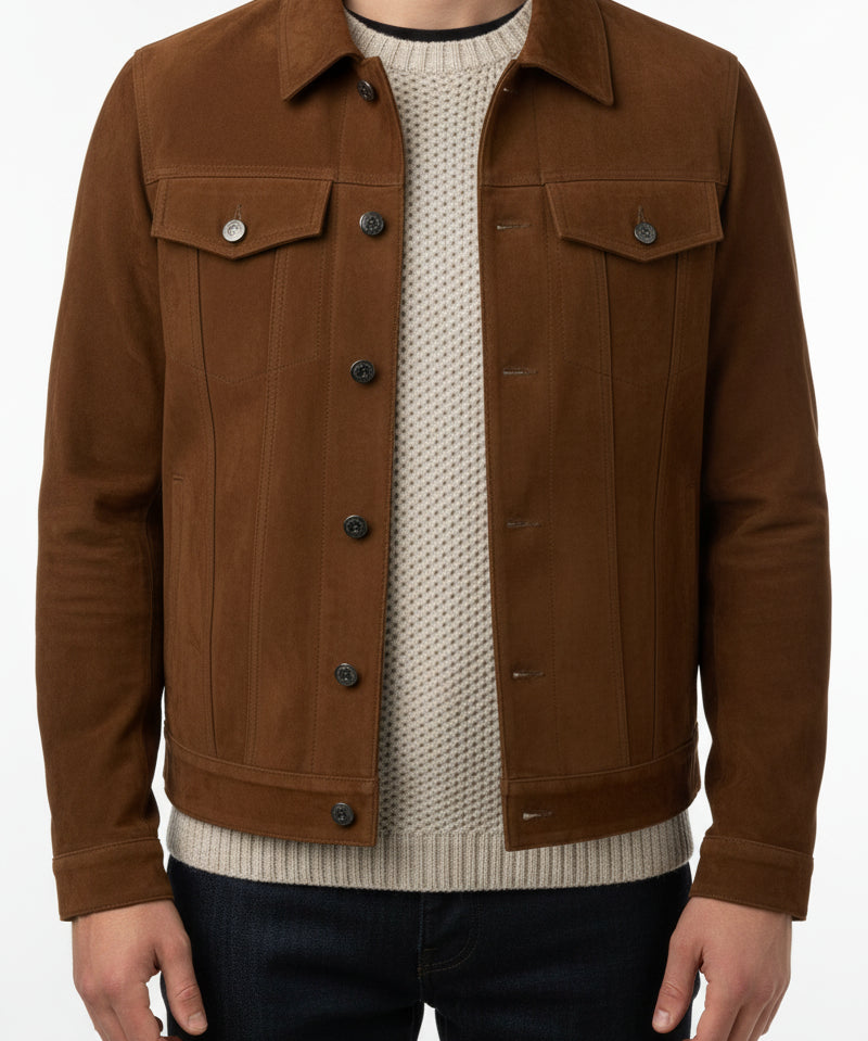 model-front-closed - Men brown suede trucker jacket, Men trucker suede shirt collared jacket