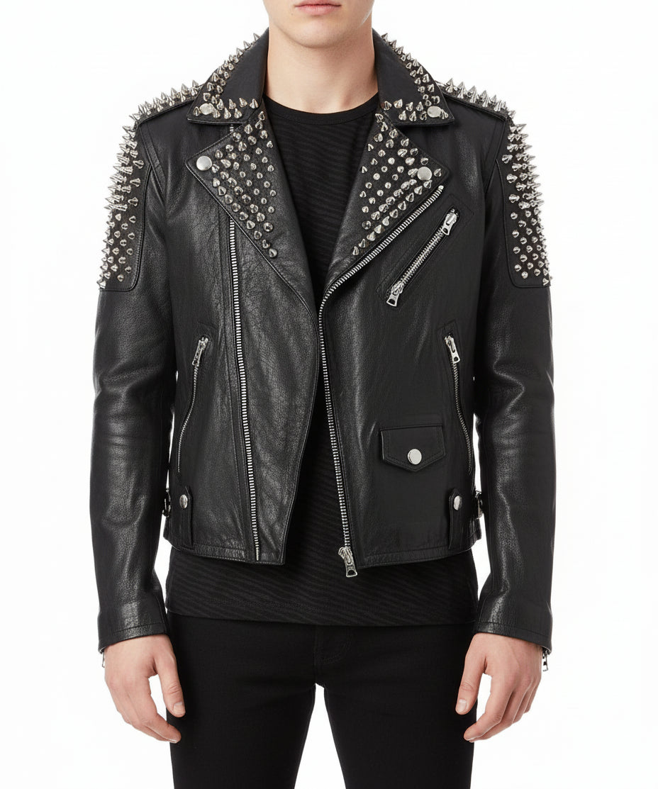 model-front-closed - Men Casual Black Silver Studded Rocker Punk Style Biker Leather Jacket
