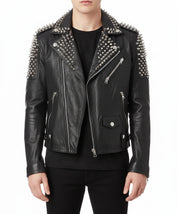 model-front-closed - Men Casual Black Silver Studded Rocker Punk Style Biker Leather Jacket