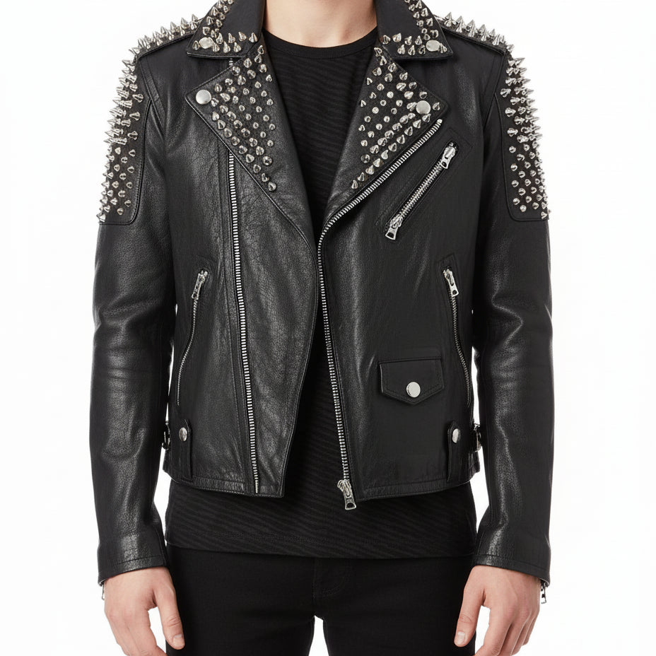 model-front-closed - Men Casual Black Silver Studded Rocker Punk Style Biker Leather Jacket