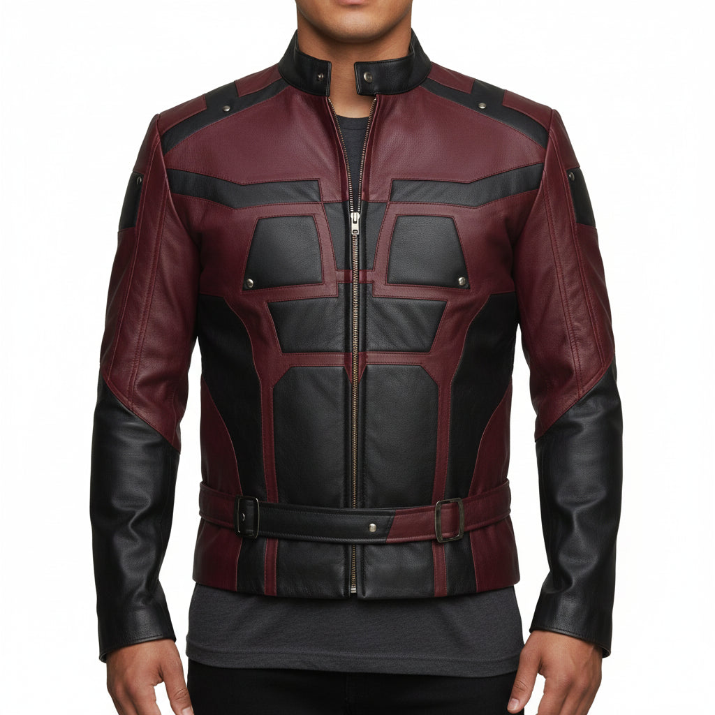 model-front-closed - Men Charlie Cox Daredevil Costume Leather Jacket Maroon Black Contrast