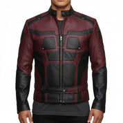 model-front-closed - Men Charlie Cox Daredevil Costume Leather Jacket Maroon Black Contrast