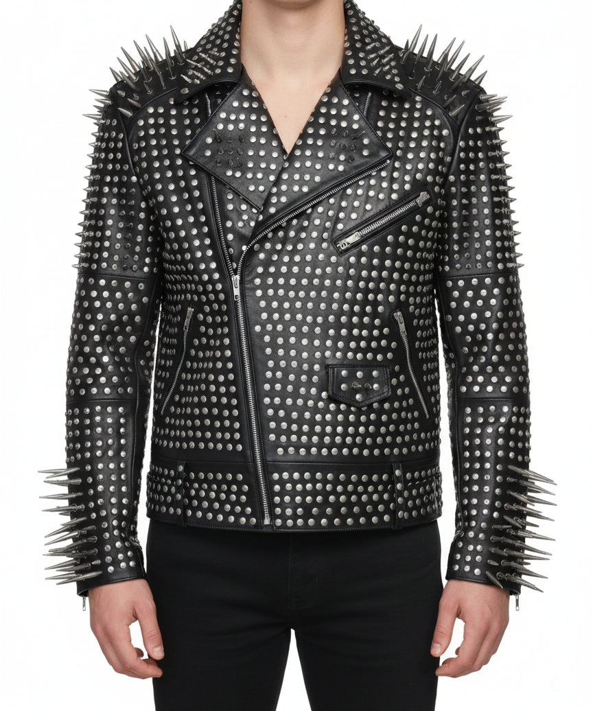model-front-closed - Men Full Black Punk Silver Long Spiked Studded Leather Brando Biker Jacket