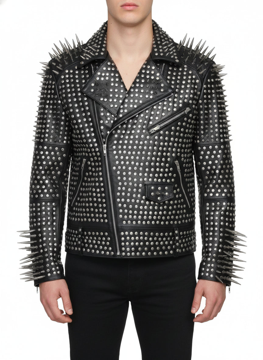 model-front-closed - Men Full Black Punk Silver Long Spiked Studded Leather Brando Biker Jacket