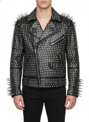 model-front-closed - Men Full Black Punk Silver Long Spiked Studded Leather Brando Biker Jacket