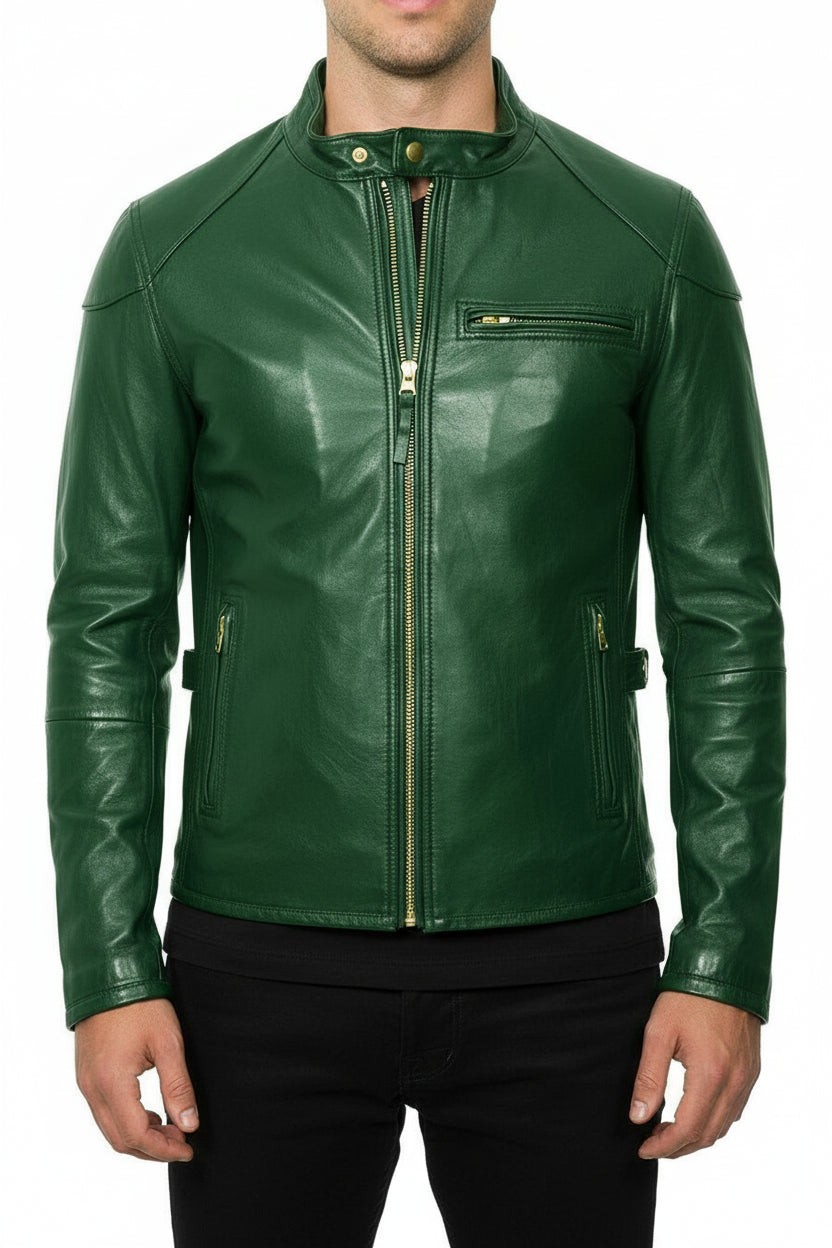 model-front-closed - Men Green leather slim fit jacket, Men biker jacket, Motorcycle jacket men