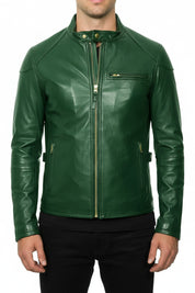 model-front-closed - Men Green leather slim fit jacket, Men biker jacket, Motorcycle jacket men