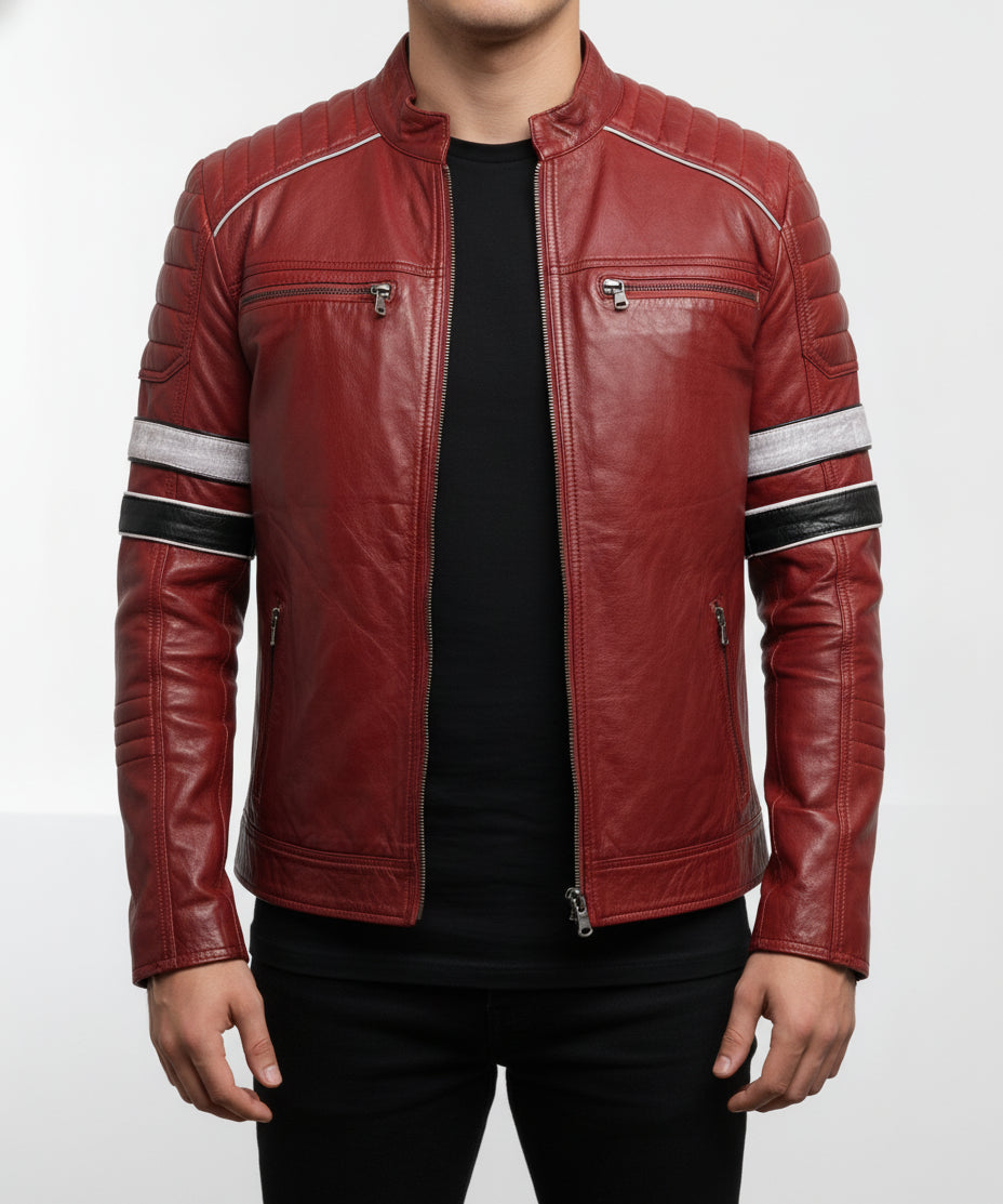 model-front-closed - Men Red Leather Biker Fashion Jacket with Stripes, Mens Leather Apparel