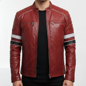 model-front-closed - Men Red Leather Biker Fashion Jacket with Stripes, Mens Leather Apparel