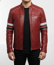 model-front-closed - Men Red Leather Biker Fashion Jacket with Stripes, Mens Leather Apparel