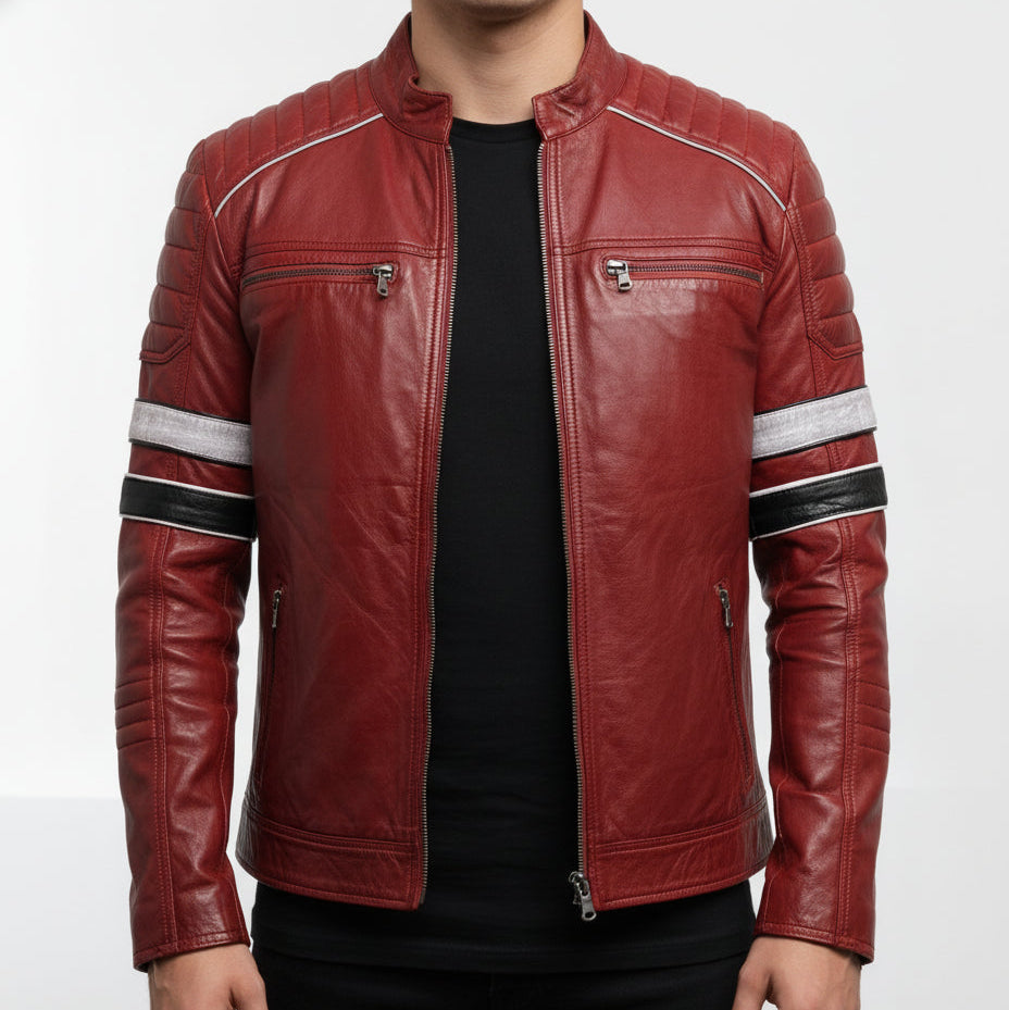 model-front-closed - Men Red Leather Biker Fashion Jacket with Stripes, Mens Leather Apparel