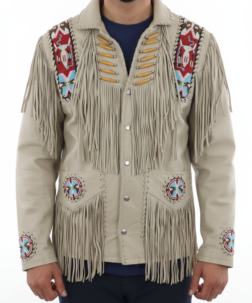 model-front-closed - Men Sculley Beige Finished Cow Suede Leather Jacket Western Wear Beads & Fringe