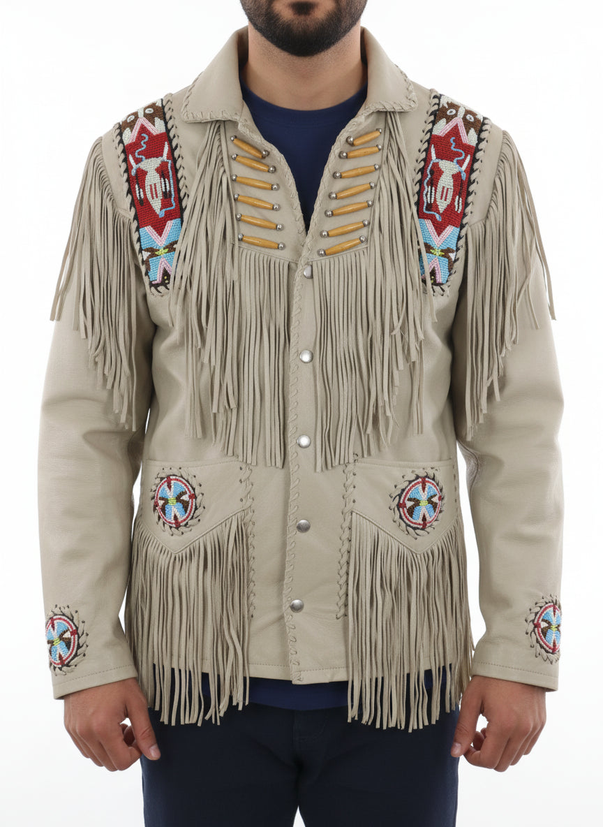 model-front-closed - Men Sculley Beige Finished Cow Suede Leather Jacket Western Wear Beads & Fringe
