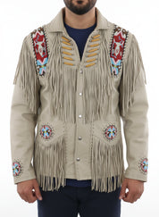 model-front-closed - Men Sculley Beige Finished Cow Suede Leather Jacket Western Wear Beads & Fringe