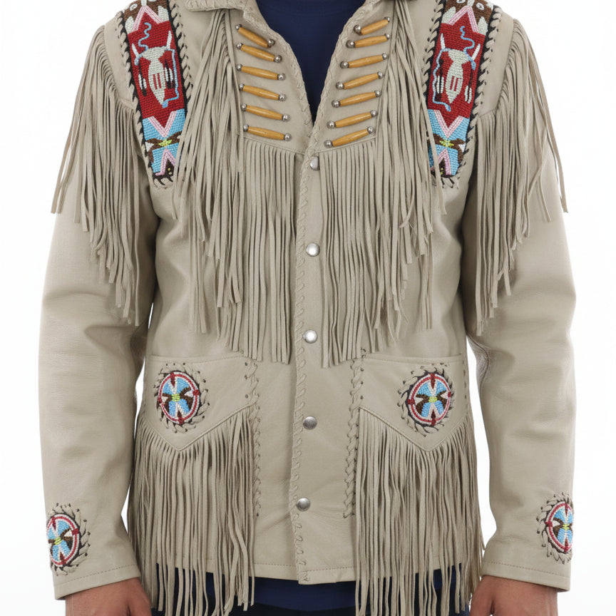 model-front-closed - Men Sculley Beige Finished Cow Suede Leather Jacket Western Wear Beads & Fringe