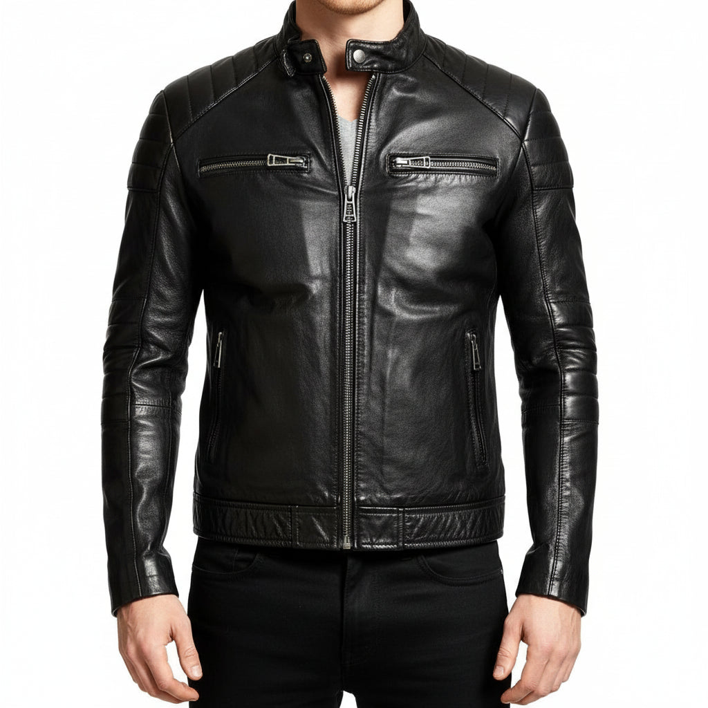 model-front-closed - Men Slim Fit Black Sheep Leather Biker Jacket, Men Premium Leather Motorcycle Jacket