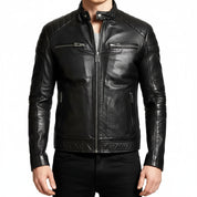 model-front-closed - Men Slim Fit Black Sheep Leather Biker Jacket, Men Premium Leather Motorcycle Jacket