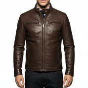 model-front-closed - Men Slim Fit Leather Jacket, Jackets, antique brown Leather Jacket