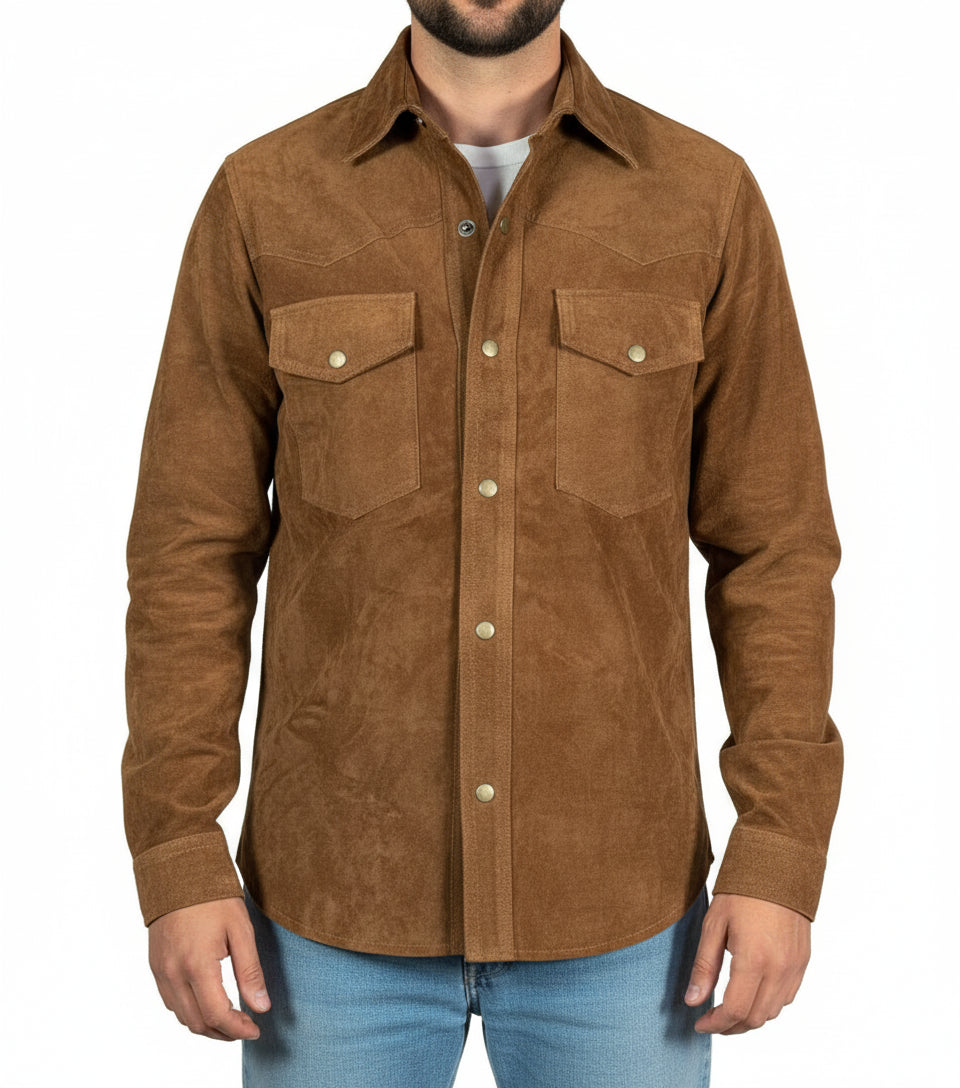 model-front-closed - Men tan suede leather Shirt, tan brown flap pockets leather shirt jacket
