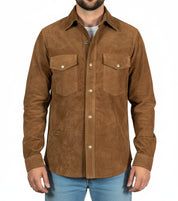 model-front-closed - Men tan suede leather Shirt, tan brown flap pockets leather shirt jacket