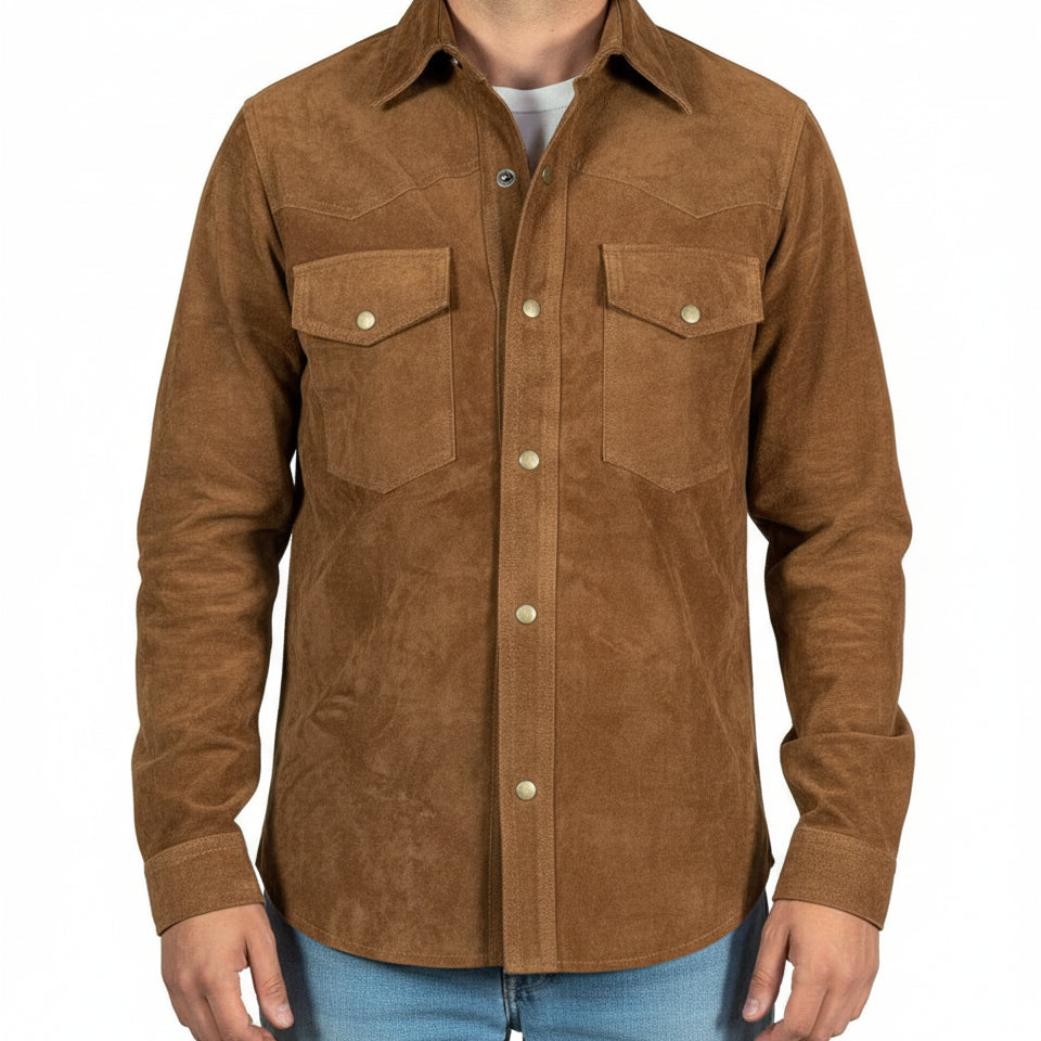 model-front-closed - Men tan suede leather Shirt, tan brown flap pockets leather shirt jacket