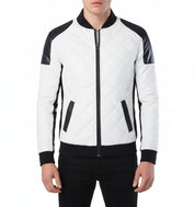 model-front-closed - Men Two Tone Quilted Leather Jacket Mens Fashion Stand Collar Rider Jacket