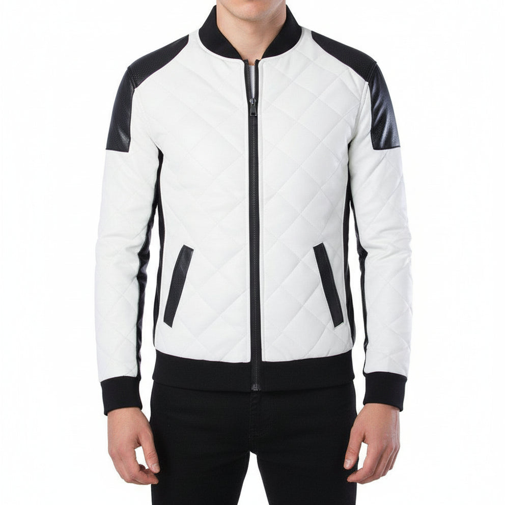 model-front-closed - Men Two Tone Quilted Leather Jacket Mens Fashion Stand Collar Rider Jacket
