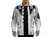 model-front-closed - Men White Cow Leather Western Cowboy Jacket With Fringe, Mens Fringe Jacket