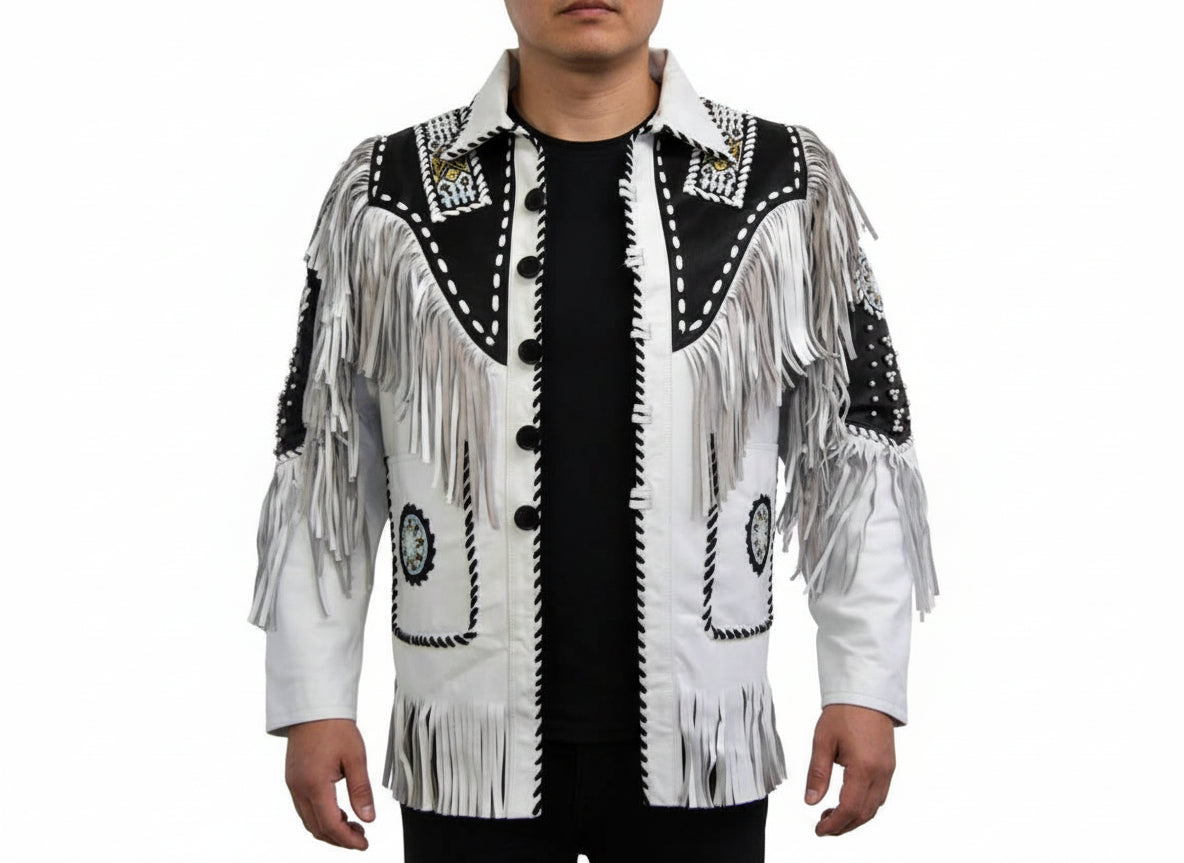 model-front-closed - Men White Cow Leather Western Cowboy Jacket With Fringe, Mens Fringe Jacket