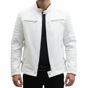 model-front-closed - Men white leather slimfit jacket, Men motorcycle jacket, Jacket for men