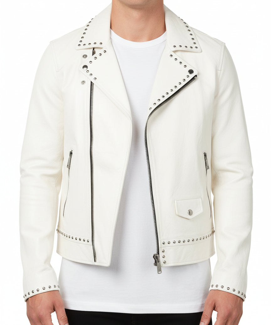 model-front-closed - Men White Studded Leather Jacket, Motorcycle Fashion Leather Jackets