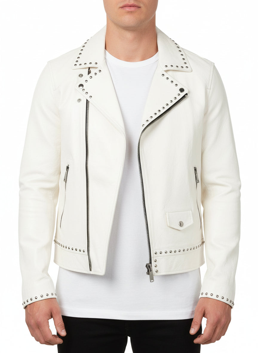 model-front-closed - Men White Studded Leather Jacket, Motorcycle Fashion Leather Jackets