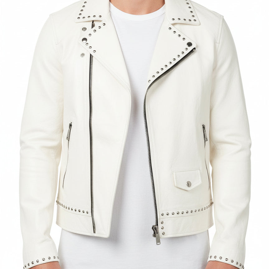 model-front-closed - Men White Studded Leather Jacket, Motorcycle Fashion Leather Jackets