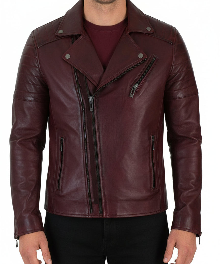 model-front-closed - Men's Aged Genuine Leather Jacket Slim Fit zip Closure Vintage Style