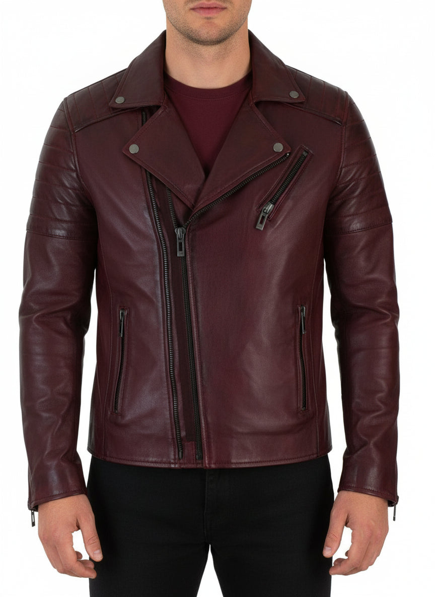 model-front-closed - Men's Aged Genuine Leather Jacket Slim Fit zip Closure Vintage Style