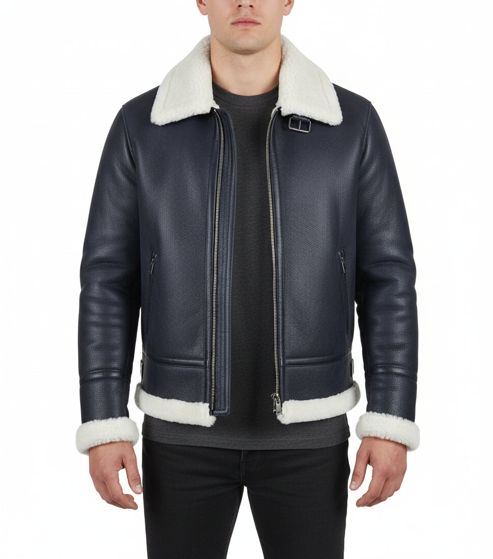 model-front-closed - Men's B-3 Shearling Jacket, Aviator Leather Jacket, Bomber Jacket, Flight Jacket