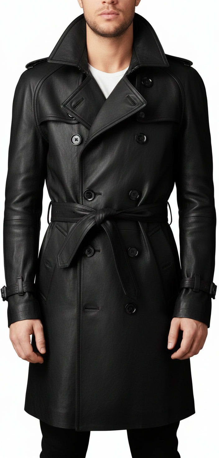 model-front-closed - Men's Belted Leather Trench Coat in Genuine Cowhide