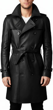 model-front-closed - Men's Belted Leather Trench Coat in Genuine Cowhide