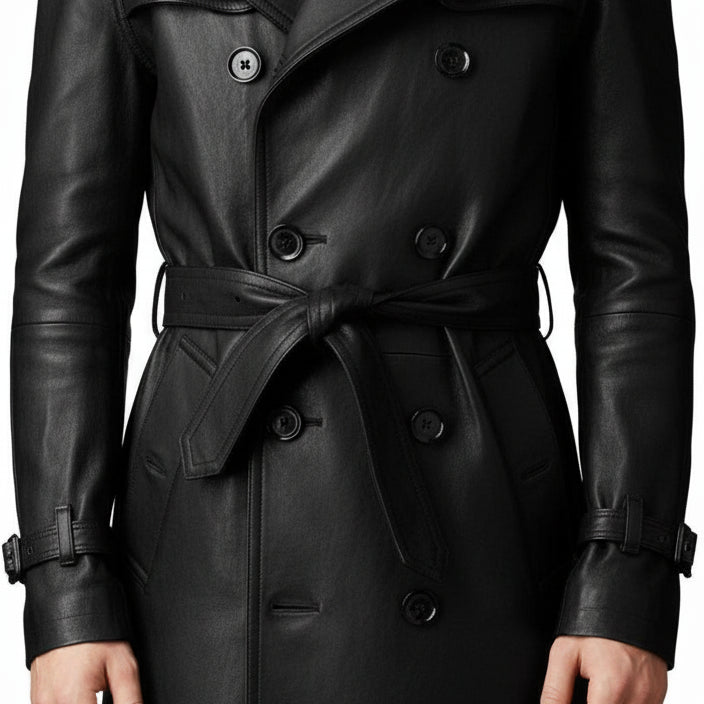 model-front-closed - Men's Belted Leather Trench Coat in Genuine Cowhide