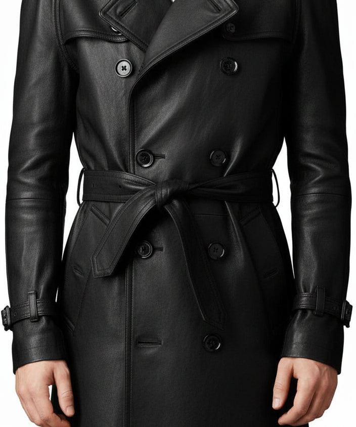 model-front-closed - Men's Belted Leather Trench Coat in Genuine Cowhide