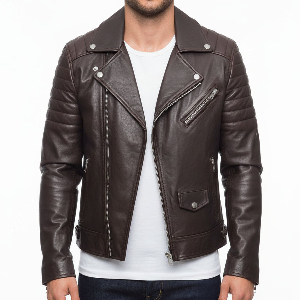 model-front-closed - Mens Biker Leather Jacket, Men Fashion Black Motorcycle Jacket, Jackets