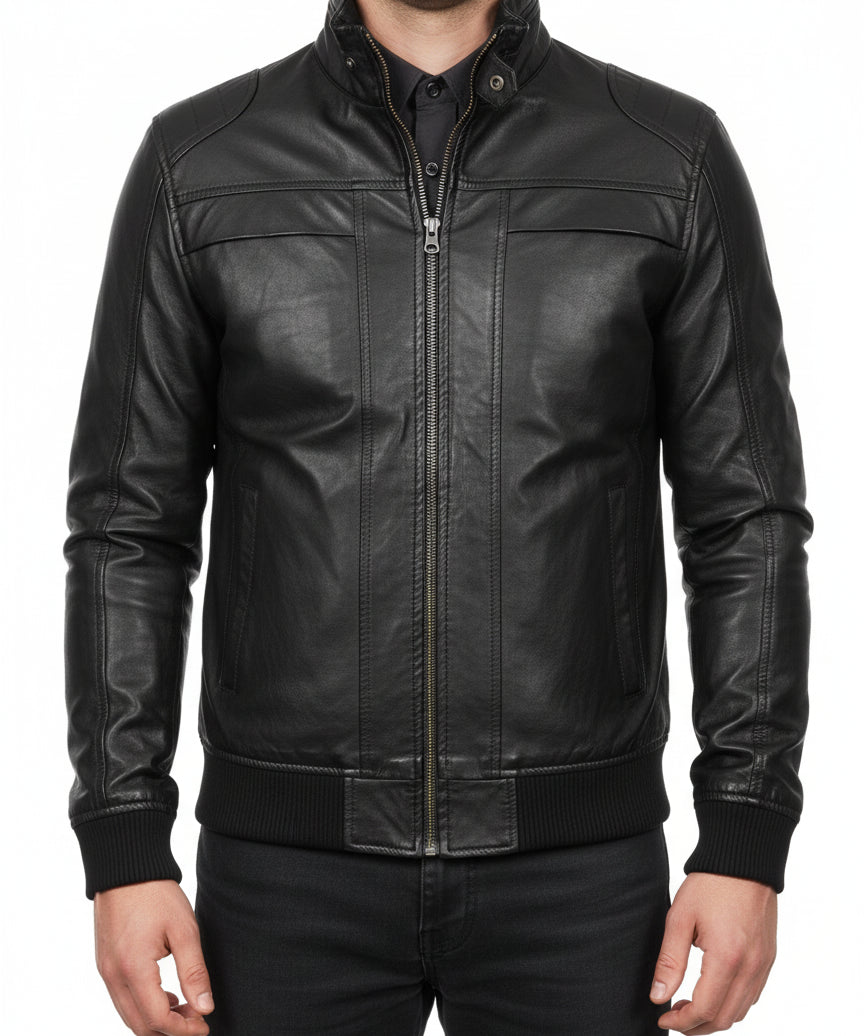 model-front-closed - Mens Biker Leather Jacket, Men Slim Fit Black Biker Leather Jacket