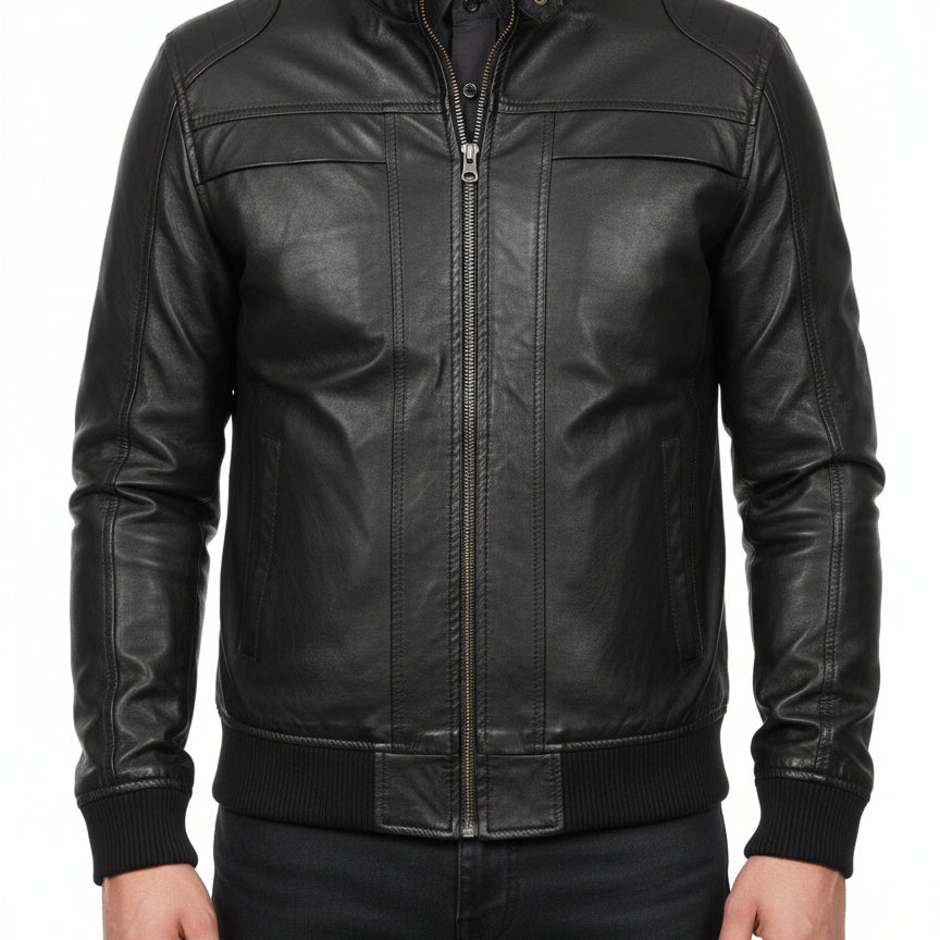 model-front-closed - Mens Biker Leather Jacket, Men Slim Fit Black Biker Leather Jacket