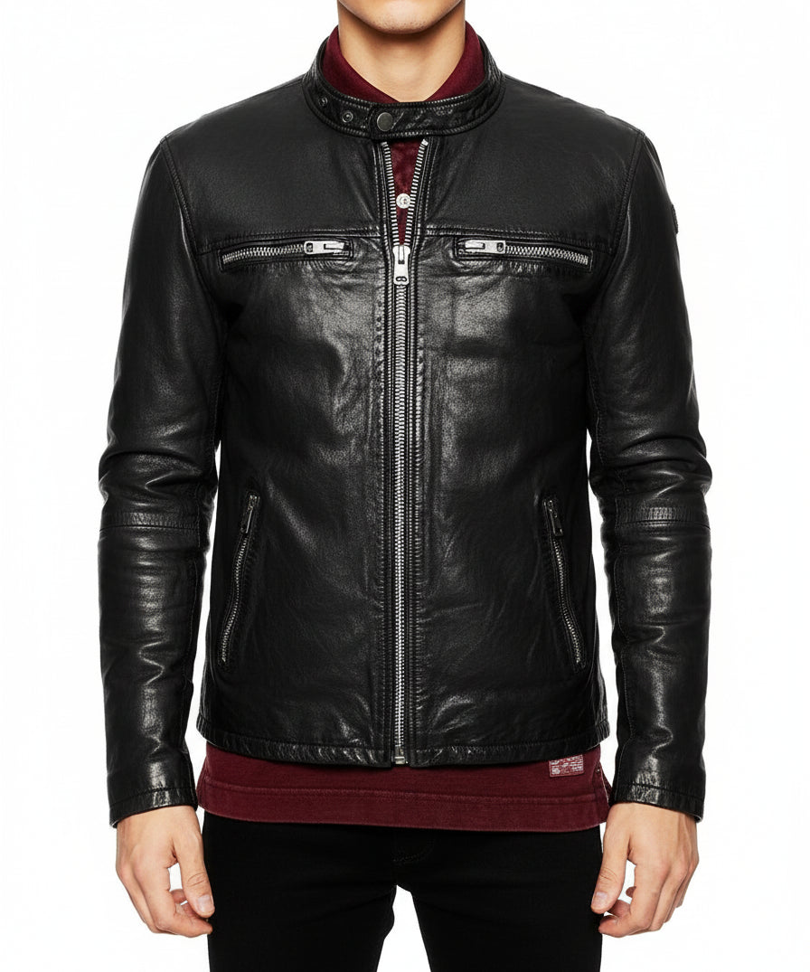 model-front-closed - Men's Biker Leather Jacket, Stylish Black Leather Jacket for Men